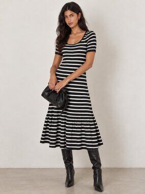 Lauren Ralph Lauren Black White Striped Waffle Knit Tiered Midi Dress Preppy L